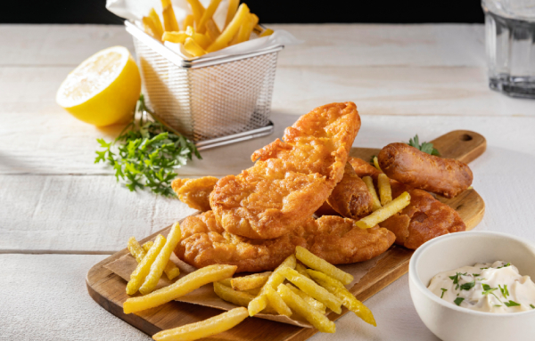 Classic fish and chips with sausage and lemon at Tony's in Linlithgow.